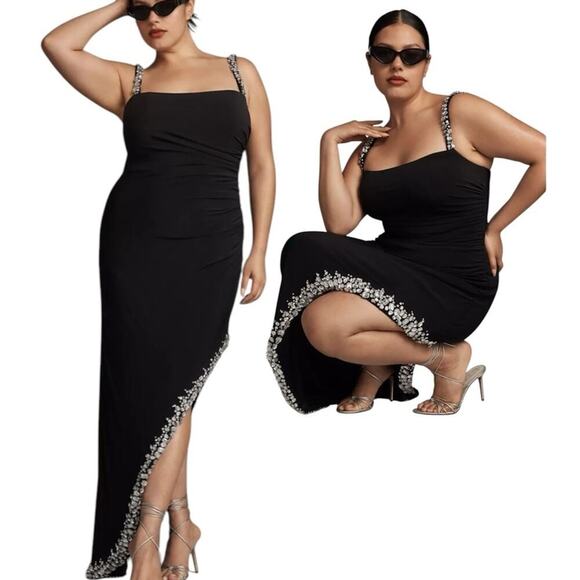 Mac Duggal Asymmetrical Side Slit Lace Up Rhinestone Embellished Gown Size 20W - Picture 1 of 14